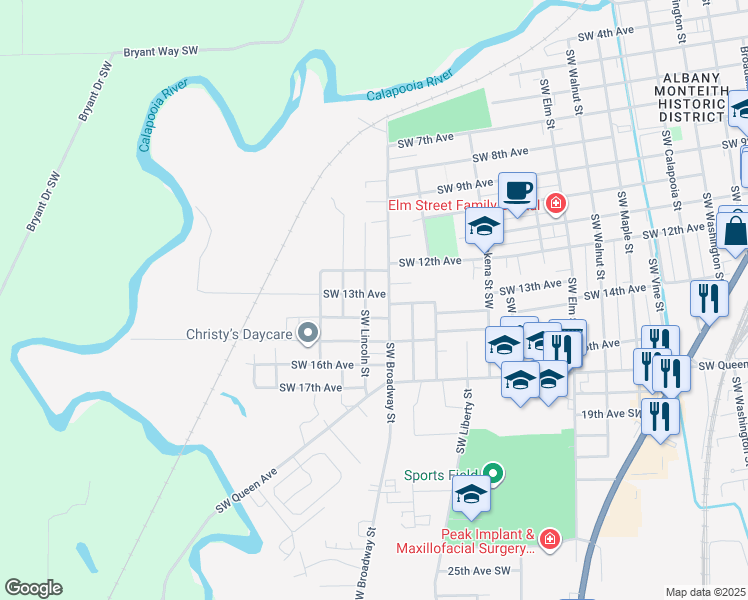 map of restaurants, bars, coffee shops, grocery stores, and more near 1640 Southwest 13th Avenue in Albany