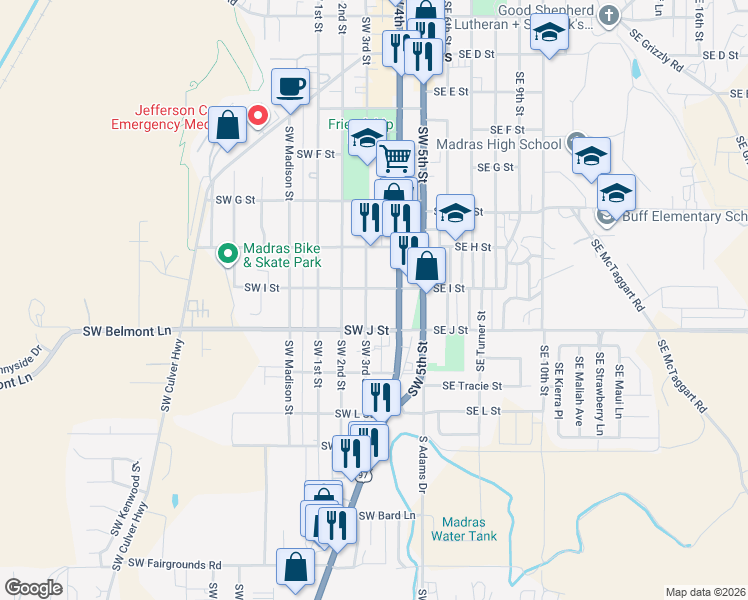map of restaurants, bars, coffee shops, grocery stores, and more near 84 Southwest I Street in Madras
