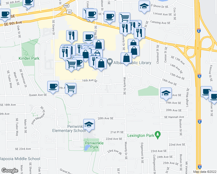 map of restaurants, bars, coffee shops, grocery stores, and more near 2467 Queen Avenue Southeast in Albany