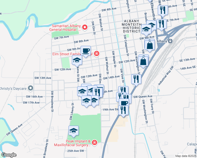 map of restaurants, bars, coffee shops, grocery stores, and more near 1239 Southwest Elm Street in Albany