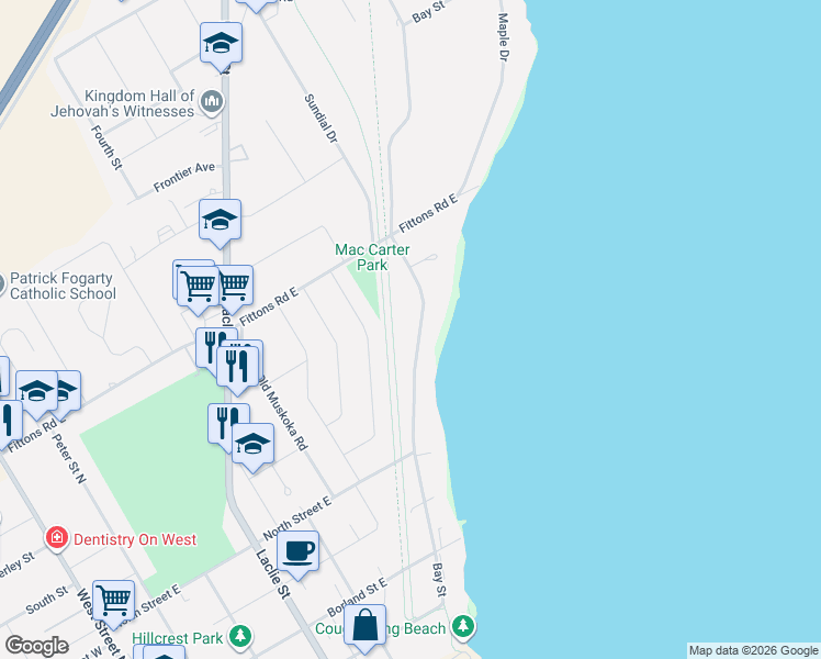 map of restaurants, bars, coffee shops, grocery stores, and more near 407 Bay Street in Orillia