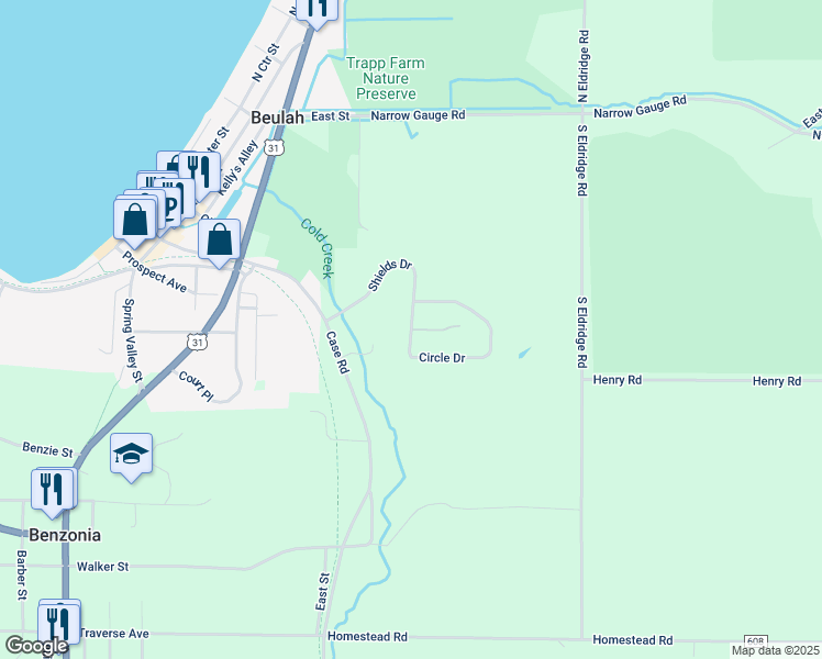 map of restaurants, bars, coffee shops, grocery stores, and more near Circle Drive in Beulah
