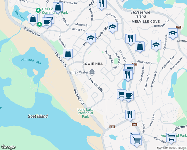 map of restaurants, bars, coffee shops, grocery stores, and more near 450 Cowie Hill Road in Halifax