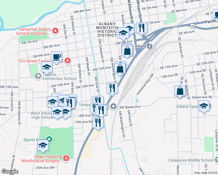 map of restaurants, bars, coffee shops, grocery stores, and more near 15944 Fir Grove Court in Albany