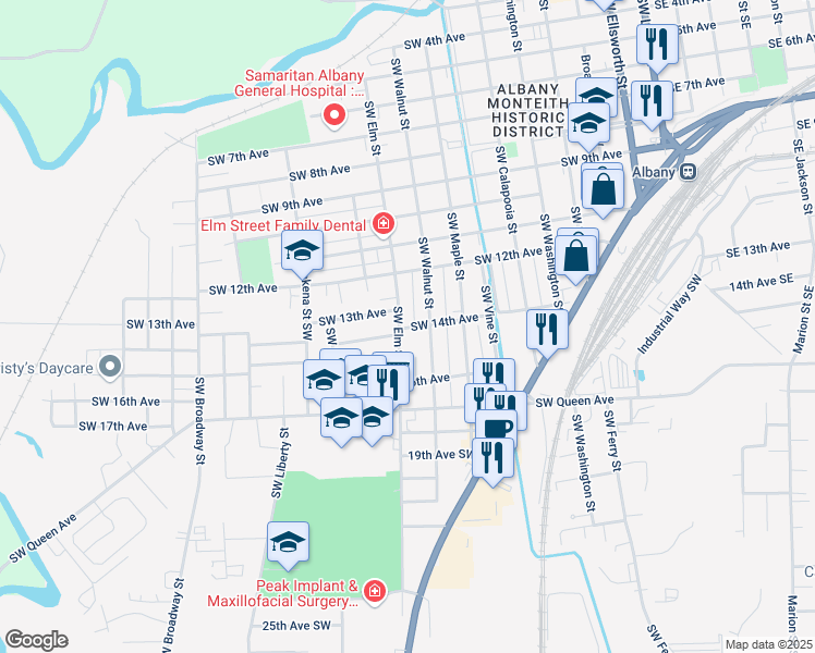 map of restaurants, bars, coffee shops, grocery stores, and more near 1239 Southwest Elm Street in Albany