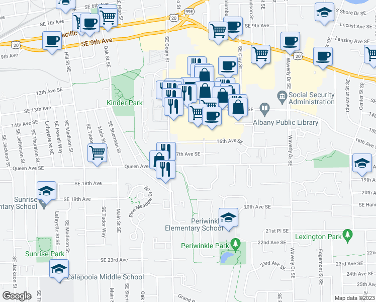 map of restaurants, bars, coffee shops, grocery stores, and more near 1835 17th Avenue Southeast in Albany