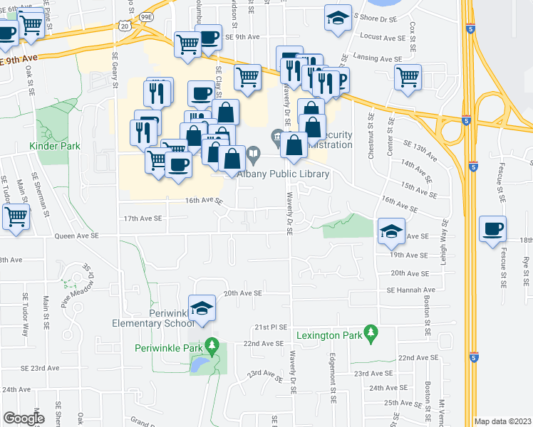 map of restaurants, bars, coffee shops, grocery stores, and more near 2578 16th Avenue Southeast in Albany