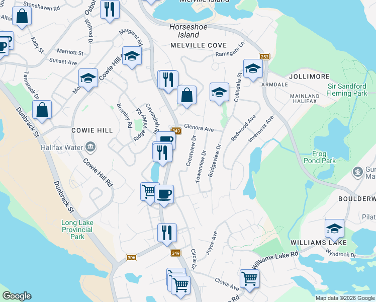 map of restaurants, bars, coffee shops, grocery stores, and more near 15 Crestview Drive in Halifax