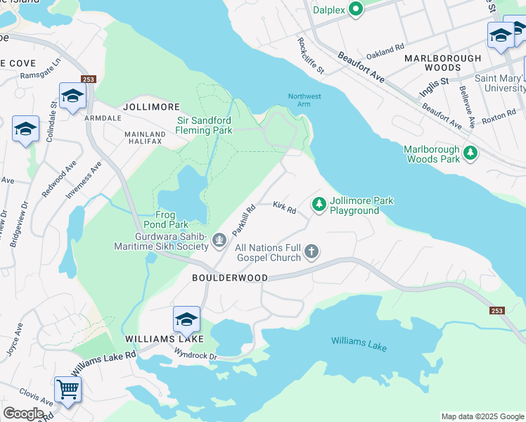 map of restaurants, bars, coffee shops, grocery stores, and more near 5 Kirk Road in Halifax