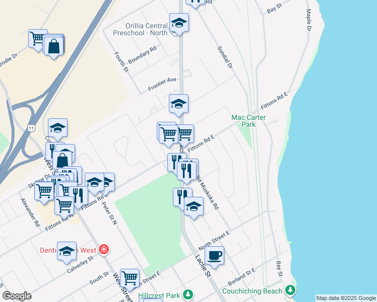 map of restaurants, bars, coffee shops, grocery stores, and more near Fittons Road East in Orillia