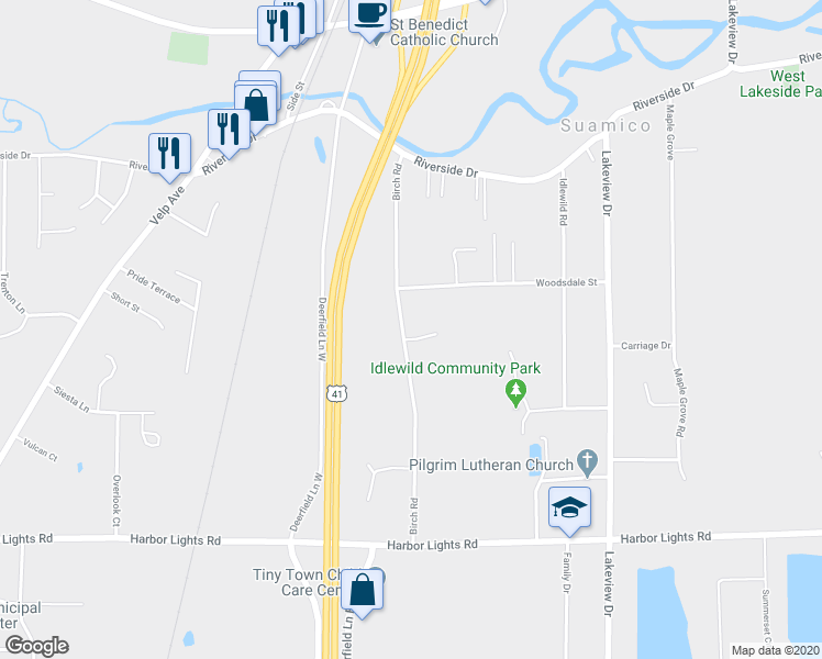 map of restaurants, bars, coffee shops, grocery stores, and more near 3088 Birch Road in Suamico