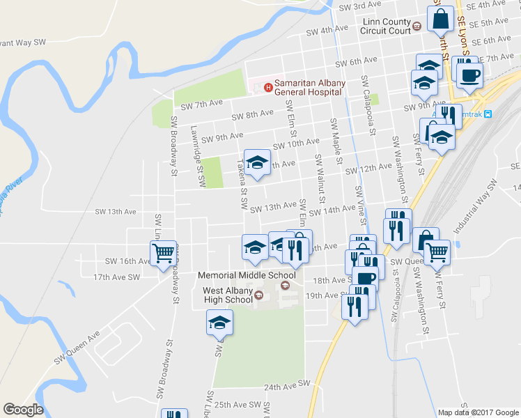 map of restaurants, bars, coffee shops, grocery stores, and more near 1085 Southwest 13th Avenue in Albany