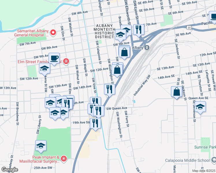 map of restaurants, bars, coffee shops, grocery stores, and more near 15944 Fir Grove Court in Albany