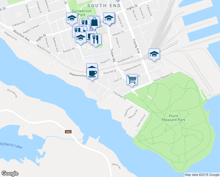 map of restaurants, bars, coffee shops, grocery stores, and more near 569 Francklyn Street in Halifax