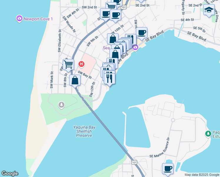map of restaurants, bars, coffee shops, grocery stores, and more near 875 Southwest Bay Boulevard in Newport