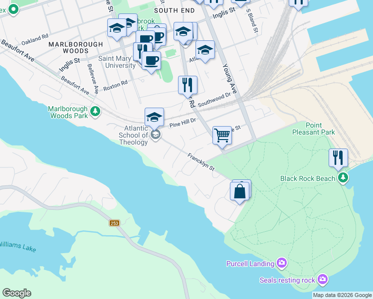 map of restaurants, bars, coffee shops, grocery stores, and more near 569 Francklyn Street in Halifax
