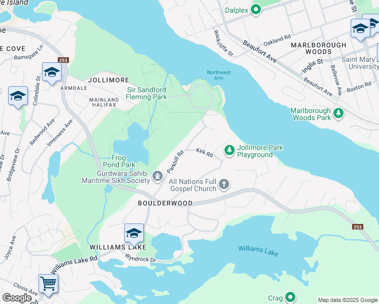 map of restaurants, bars, coffee shops, grocery stores, and more near 5 Kirk Road in Halifax