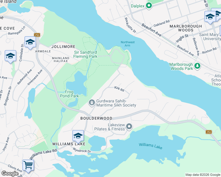 map of restaurants, bars, coffee shops, grocery stores, and more near 3 Kirk Road in Halifax