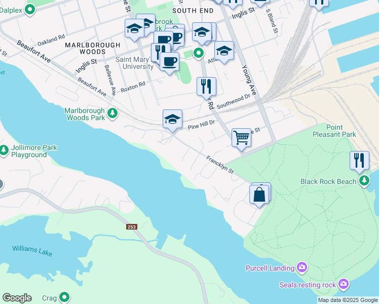 map of restaurants, bars, coffee shops, grocery stores, and more near 602 Francklyn Street in Halifax