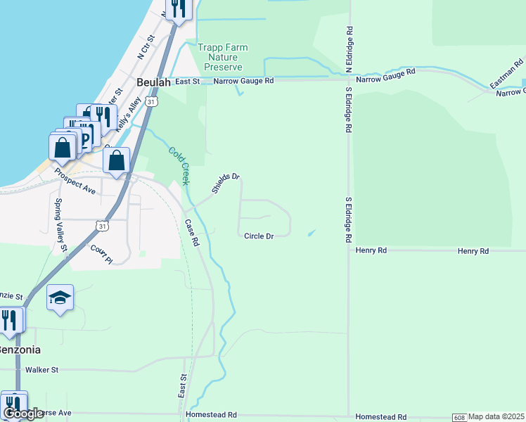 map of restaurants, bars, coffee shops, grocery stores, and more near Circle Drive in Beulah