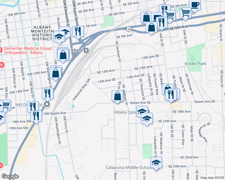 map of restaurants, bars, coffee shops, grocery stores, and more near 340 15th Avenue Southeast in Albany