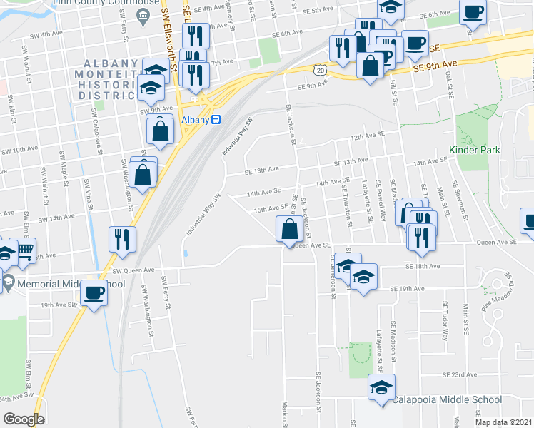 map of restaurants, bars, coffee shops, grocery stores, and more near 310 15th Avenue Southeast in Albany