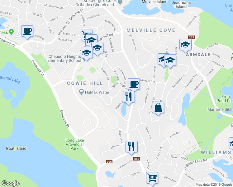map of restaurants, bars, coffee shops, grocery stores, and more near 47 Shepherd Road in Halifax