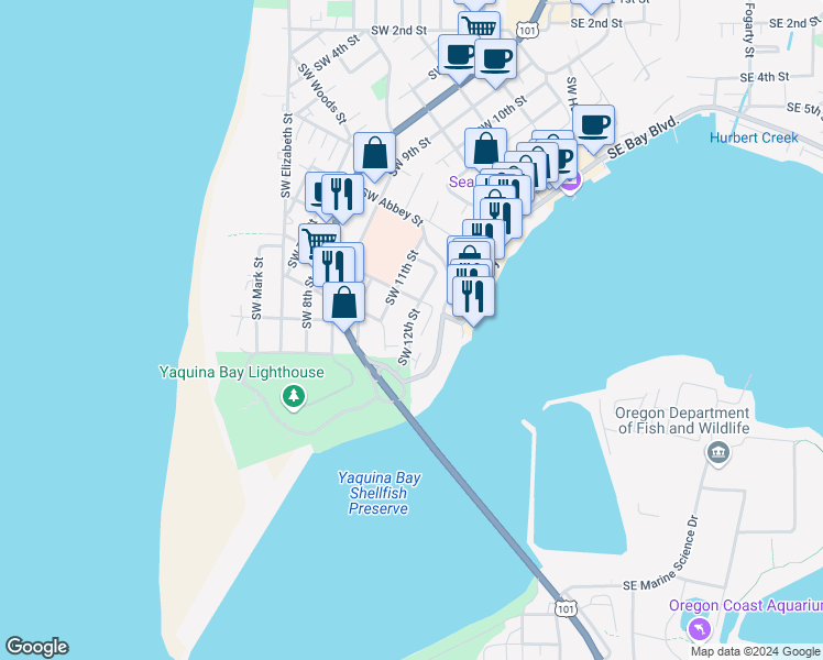 map of restaurants, bars, coffee shops, grocery stores, and more near 943 Southwest 12th Street in Newport