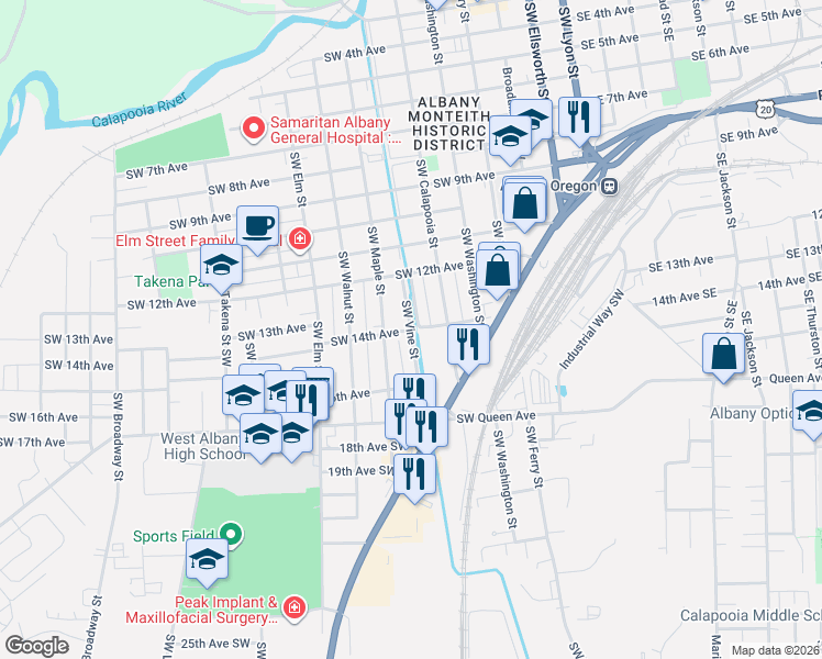 map of restaurants, bars, coffee shops, grocery stores, and more near SW 14th Ave & SW Vine St in Albany
