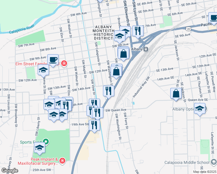 map of restaurants, bars, coffee shops, grocery stores, and more near 1410 Southwest Washington Street in Albany