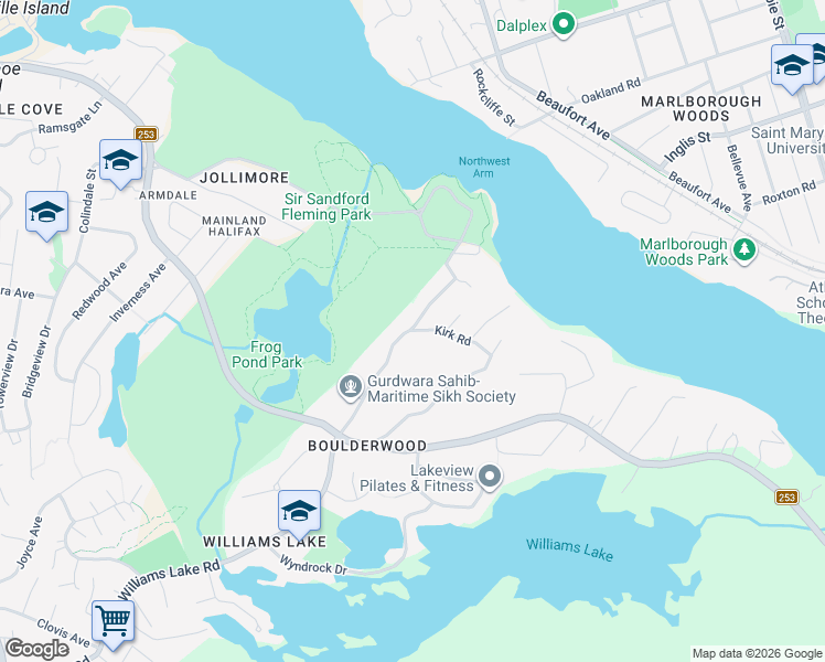 map of restaurants, bars, coffee shops, grocery stores, and more near 3 Kirk Road in Halifax