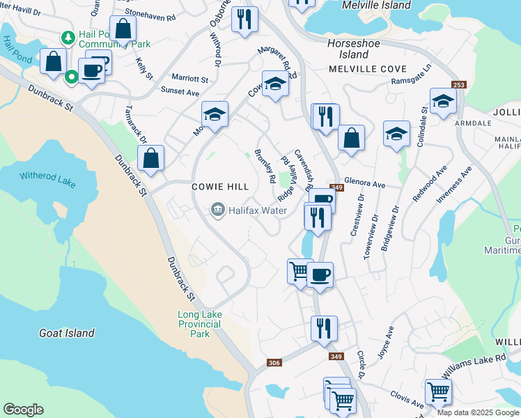 map of restaurants, bars, coffee shops, grocery stores, and more near 2 Abbey Road in Halifax