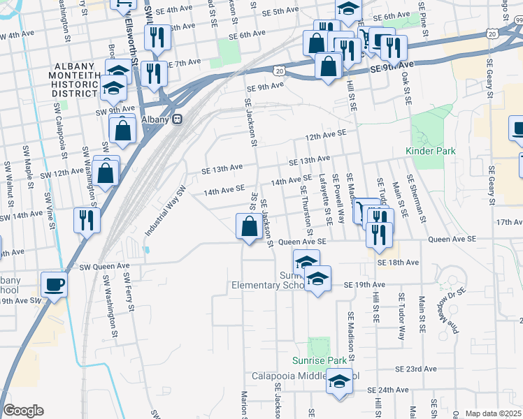 map of restaurants, bars, coffee shops, grocery stores, and more near 1530 Southeast Jackson Street in Albany