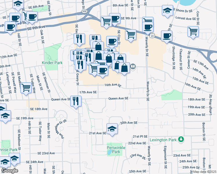 map of restaurants, bars, coffee shops, grocery stores, and more near 2050 16th Avenue Southeast in Albany