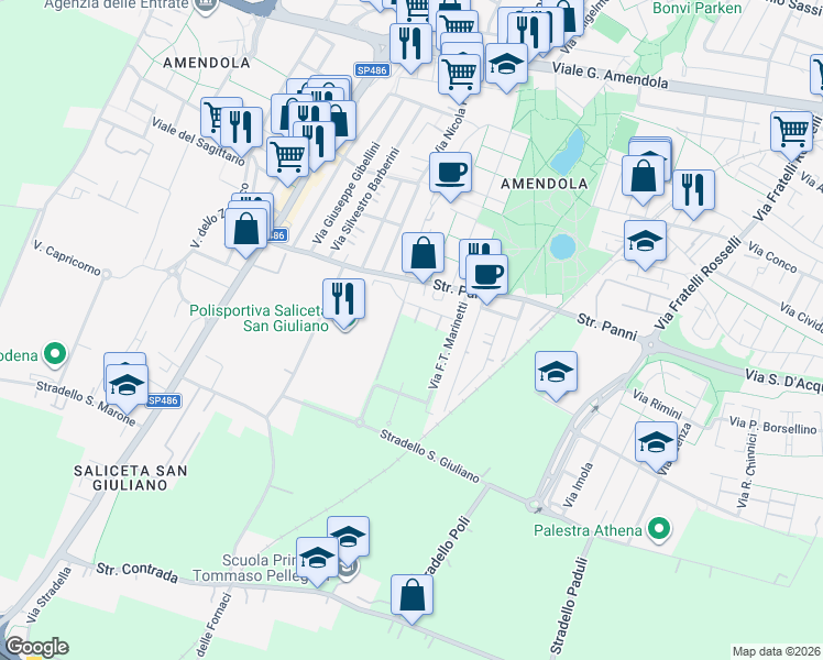 map of restaurants, bars, coffee shops, grocery stores, and more near 55 Via Renato Guttuso in Modena