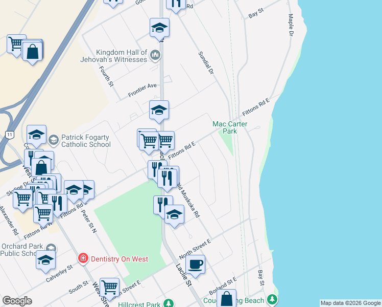 map of restaurants, bars, coffee shops, grocery stores, and more near 457 Highland Avenue in Orillia