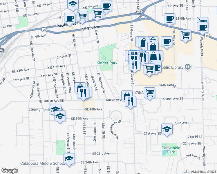 map of restaurants, bars, coffee shops, grocery stores, and more near 1636 Oak Street Southeast in Albany