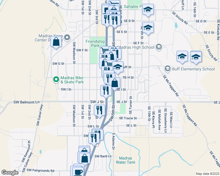 map of restaurants, bars, coffee shops, grocery stores, and more near 880 Southeast Adams Drive in Madras