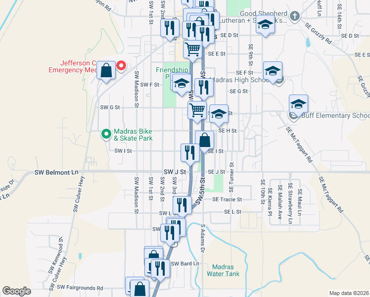 map of restaurants, bars, coffee shops, grocery stores, and more near 84 Southwest I Street in Madras