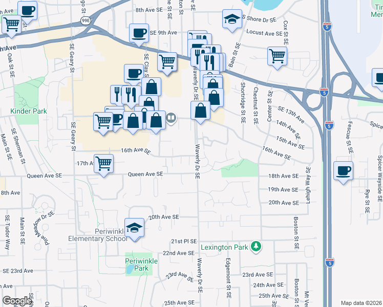 map of restaurants, bars, coffee shops, grocery stores, and more near 1570 Southeast Waverly Drive in Albany