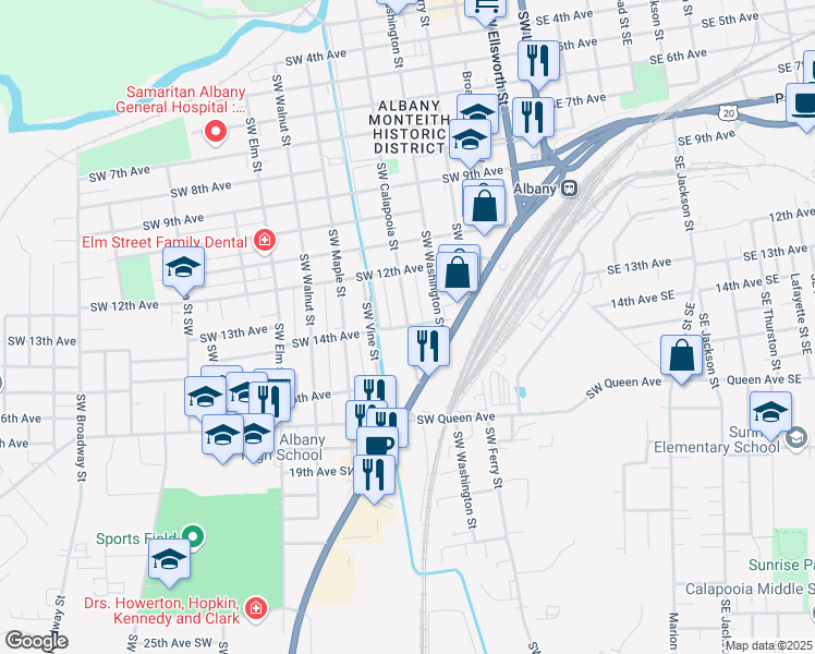 map of restaurants, bars, coffee shops, grocery stores, and more near 1400 Calapooia Street Southwest in Albany