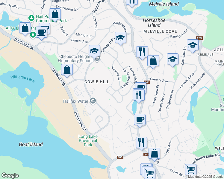 map of restaurants, bars, coffee shops, grocery stores, and more near 14 Abbey Road in Halifax