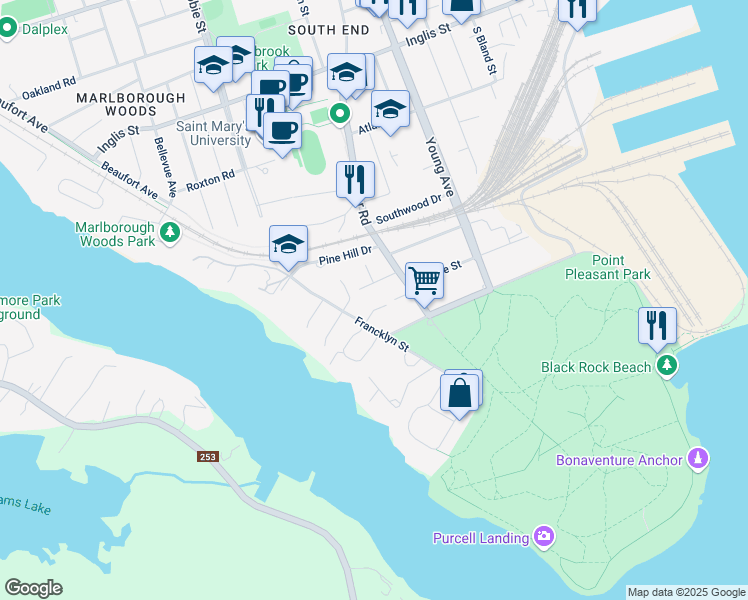 map of restaurants, bars, coffee shops, grocery stores, and more near 5994 Campbell Drive in Halifax