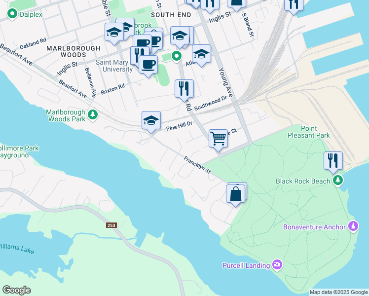 map of restaurants, bars, coffee shops, grocery stores, and more near 5994 Campbell Drive in Halifax