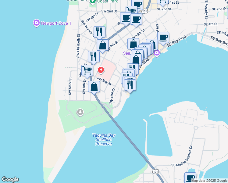 map of restaurants, bars, coffee shops, grocery stores, and more near 960 Southwest 12th Street in Newport