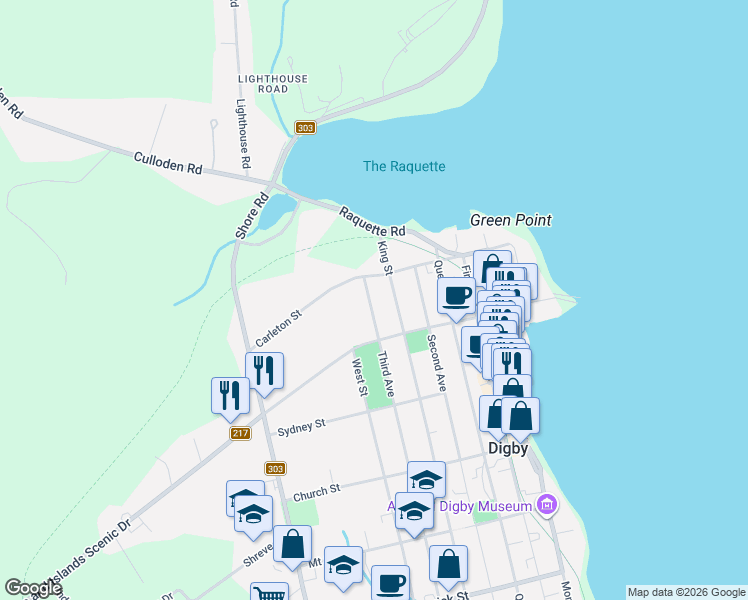 map of restaurants, bars, coffee shops, grocery stores, and more near 190 Third Avenue in Digby