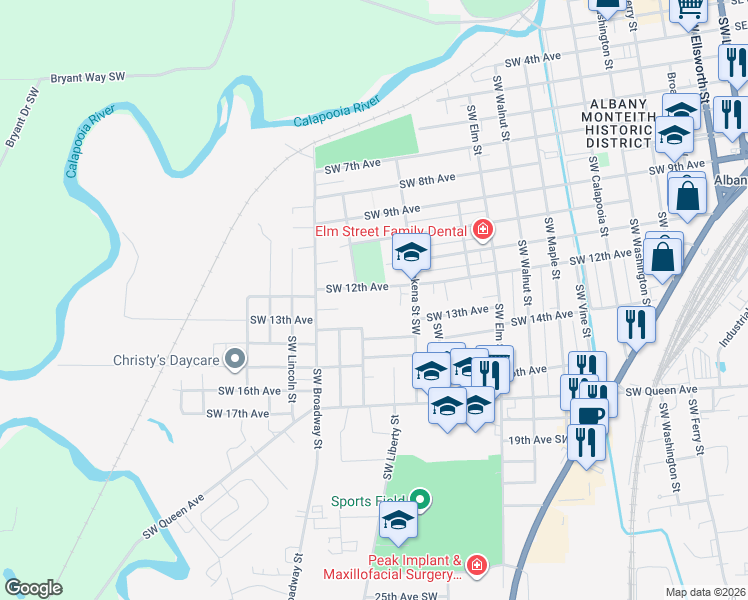 map of restaurants, bars, coffee shops, grocery stores, and more near 1210 Southwest 12th Avenue in Albany