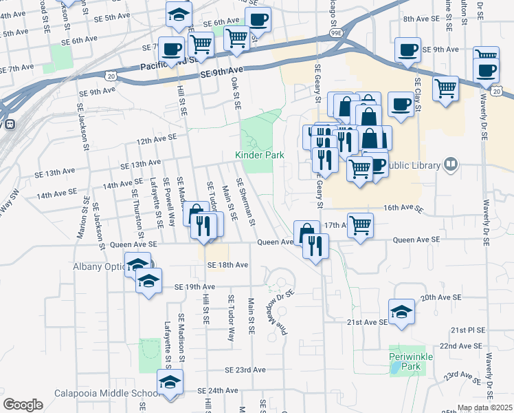 map of restaurants, bars, coffee shops, grocery stores, and more near 1636 Oak Street Southeast in Albany