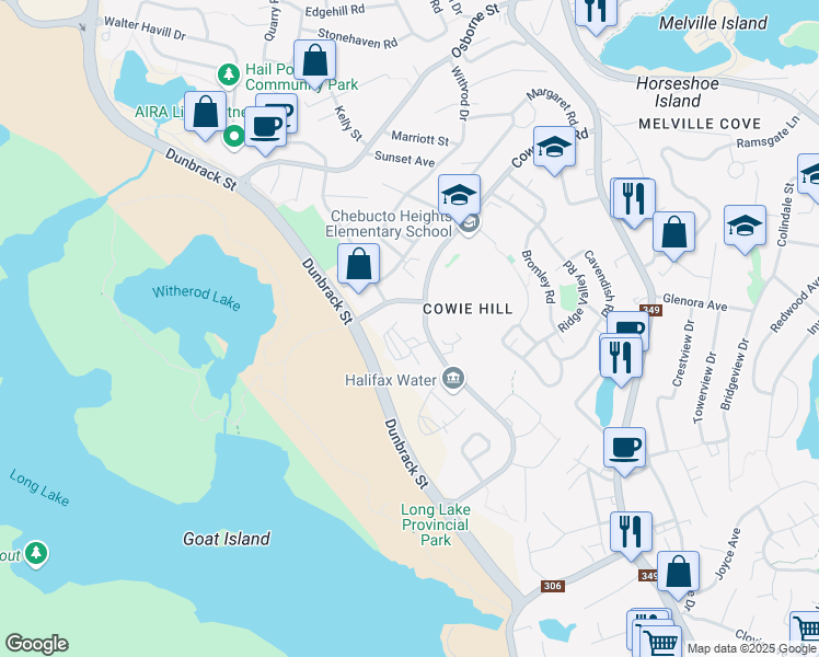 map of restaurants, bars, coffee shops, grocery stores, and more near 375 Cowie Hill Road in Halifax