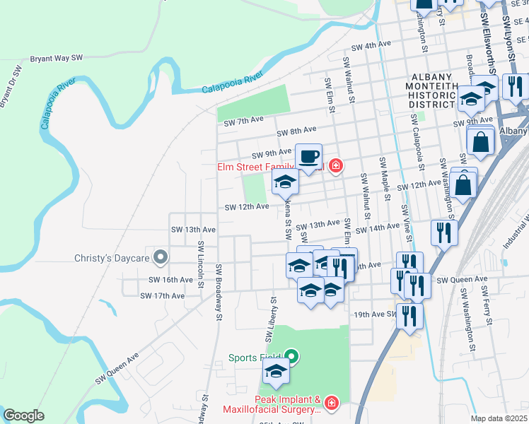 map of restaurants, bars, coffee shops, grocery stores, and more near 1210 Southwest 12th Avenue in Albany